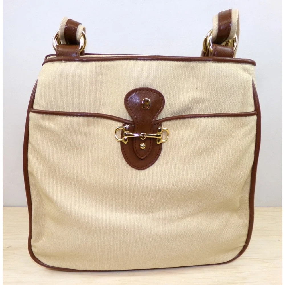 Etienne Aigner Canvas & Leather Handbag Purse Tan Brown Shoulder Bag